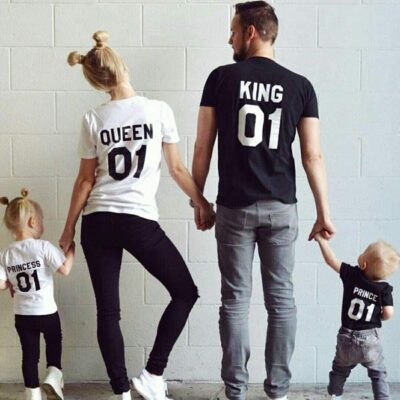T-shirt King Queen Prince Princess Conjunto Família branco e preto