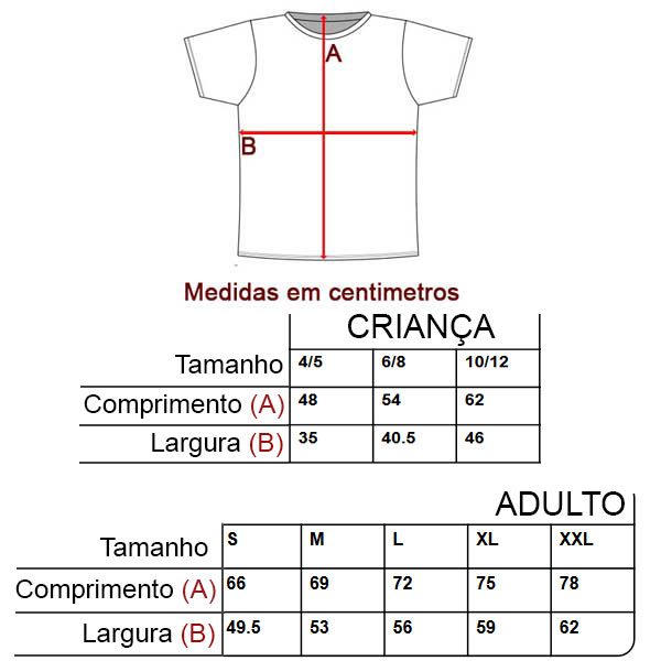 Tabela medidas t-shirt técnica