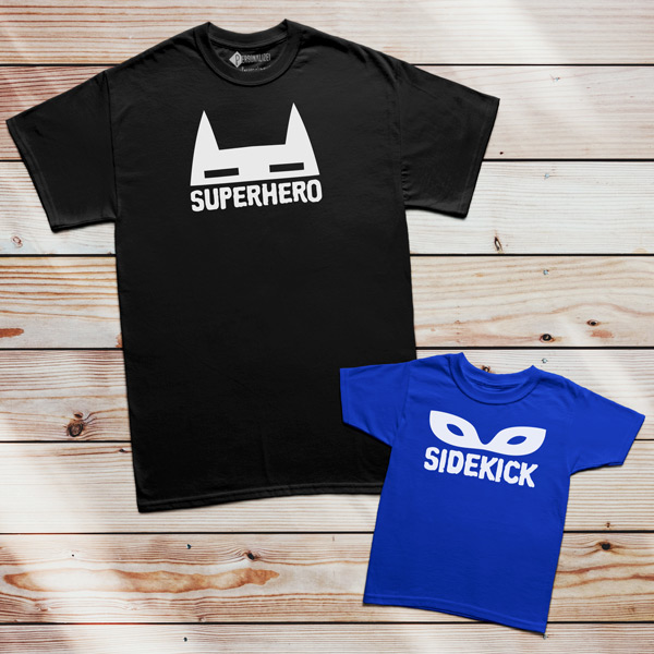 T-shirts Superhero e Sidekick conjunto pais e filhos conjunto família