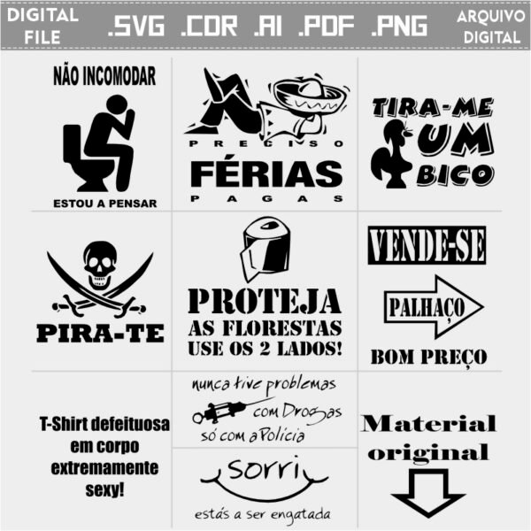 Vector Pack 10 Artes/Frases Engraçadas em Português PT cdr ai svg pdf png Laser Silhouette Cut file ficheiro para editar