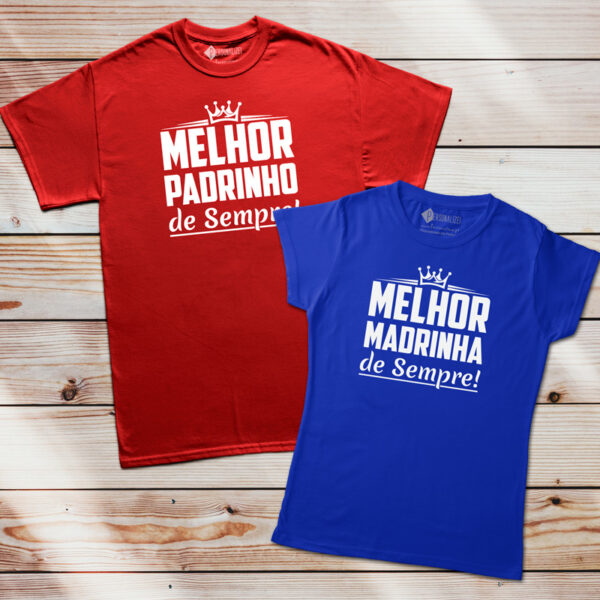 T-shirt Melhor Padrinho/Madrinha de Sempre vermelho azul