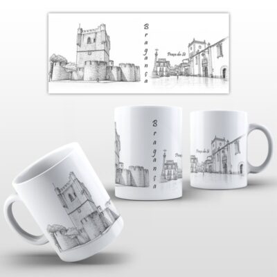 Caneca Castelo de Bragança e Praça da Sé desenho a lápis canecas personalizadas