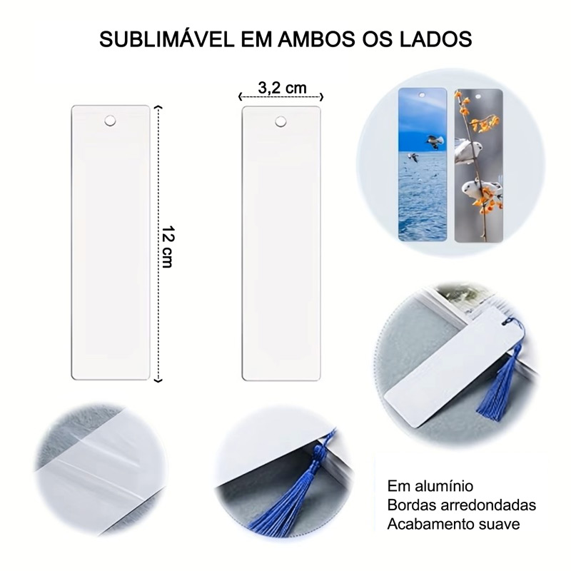 Marcador de Livro para Sublimação em Alumínio Branco com borla colorida incluída